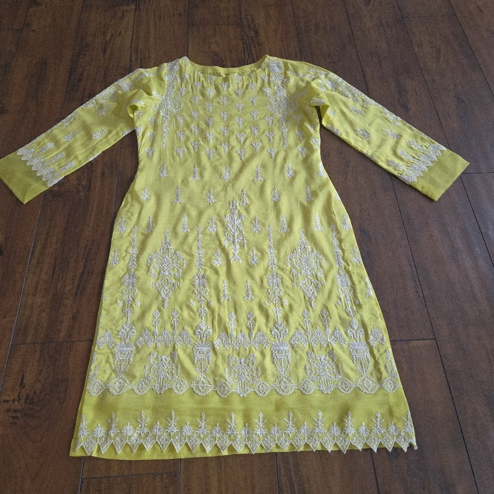Embroidered Lime Yellow Top Shirt Long Kurti Cotton Silk Organza Size S/M - Picture 5 of 11